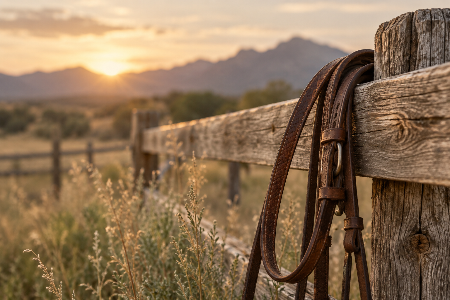 Leather horse tack hanging on a wooden fence at sunset.