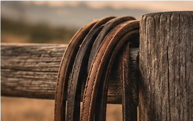 Multiple worn leather belts hanging from a wooden fence post in an outdoor setting.
