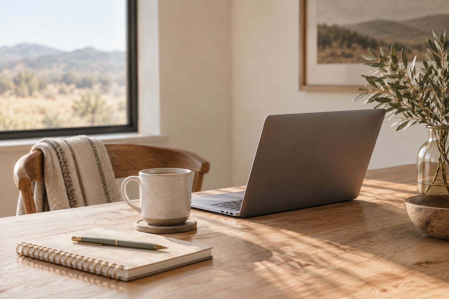 A wooden desk with a closed silver laptop, a ceramic mug on a coaster, a closed notebook with a pen, a glass vase with green leaves, and a bowl, with a window and mountain scenery in the background.