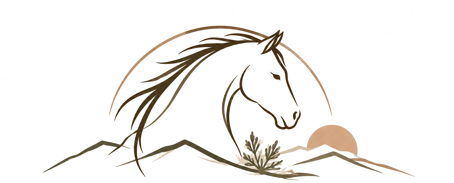 Weathered Reins Therapy logo featuring a minimalist horse head with flowing mane, mountains, sun, and sagebrush in earthy tones.
