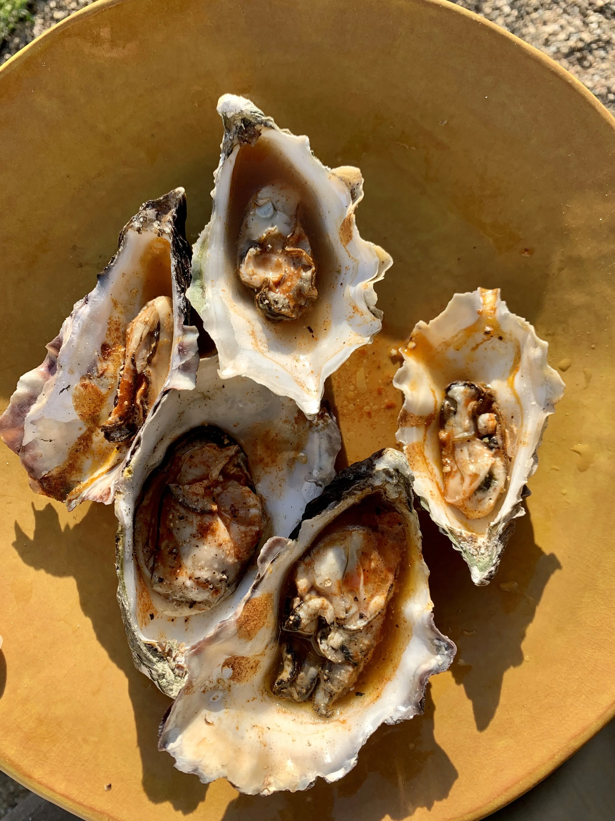 Three opened oysters with brownish-orange interior on a yellow plate.