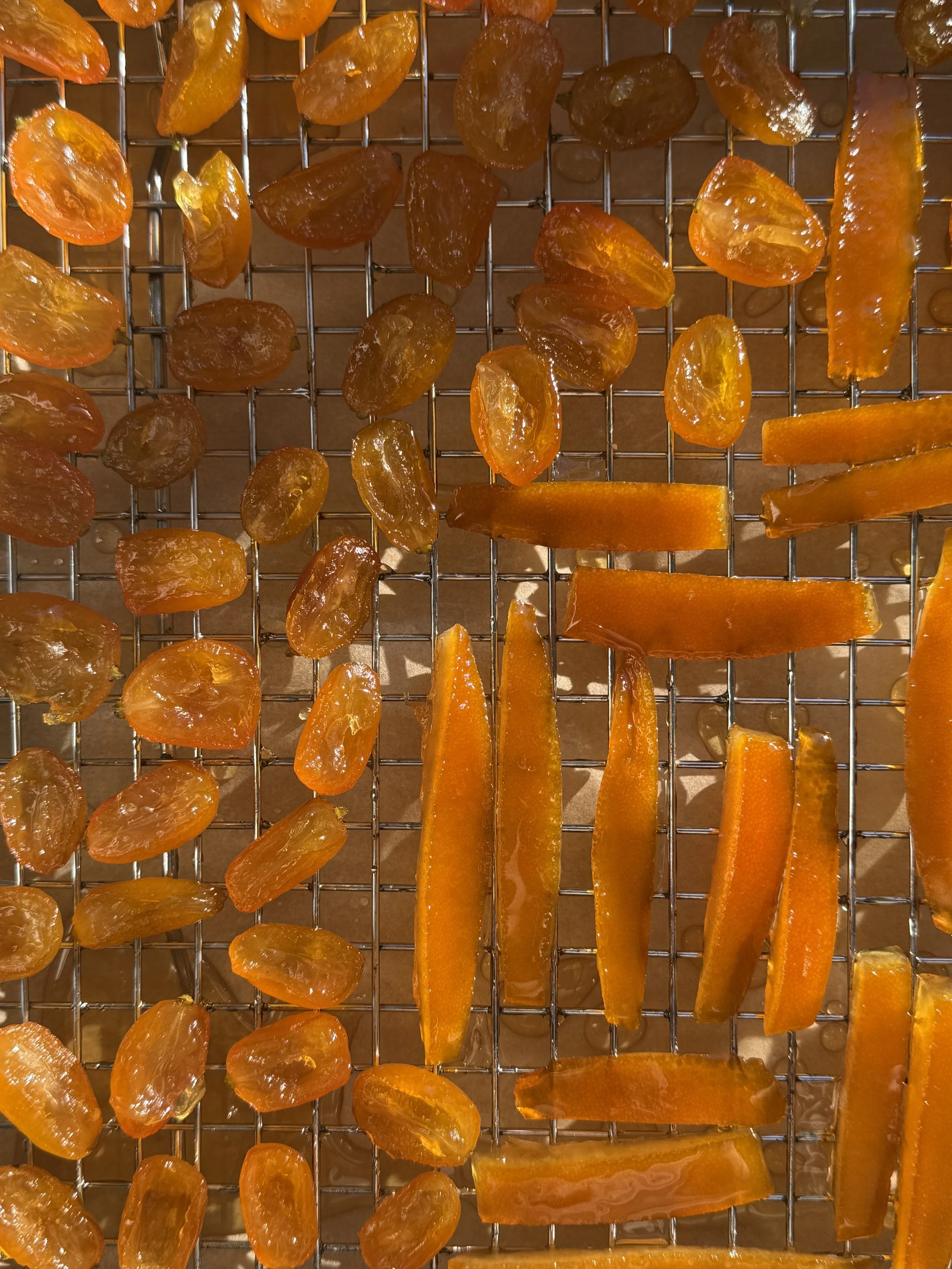 Orange slices and dried orange segments on a metal drying rack.