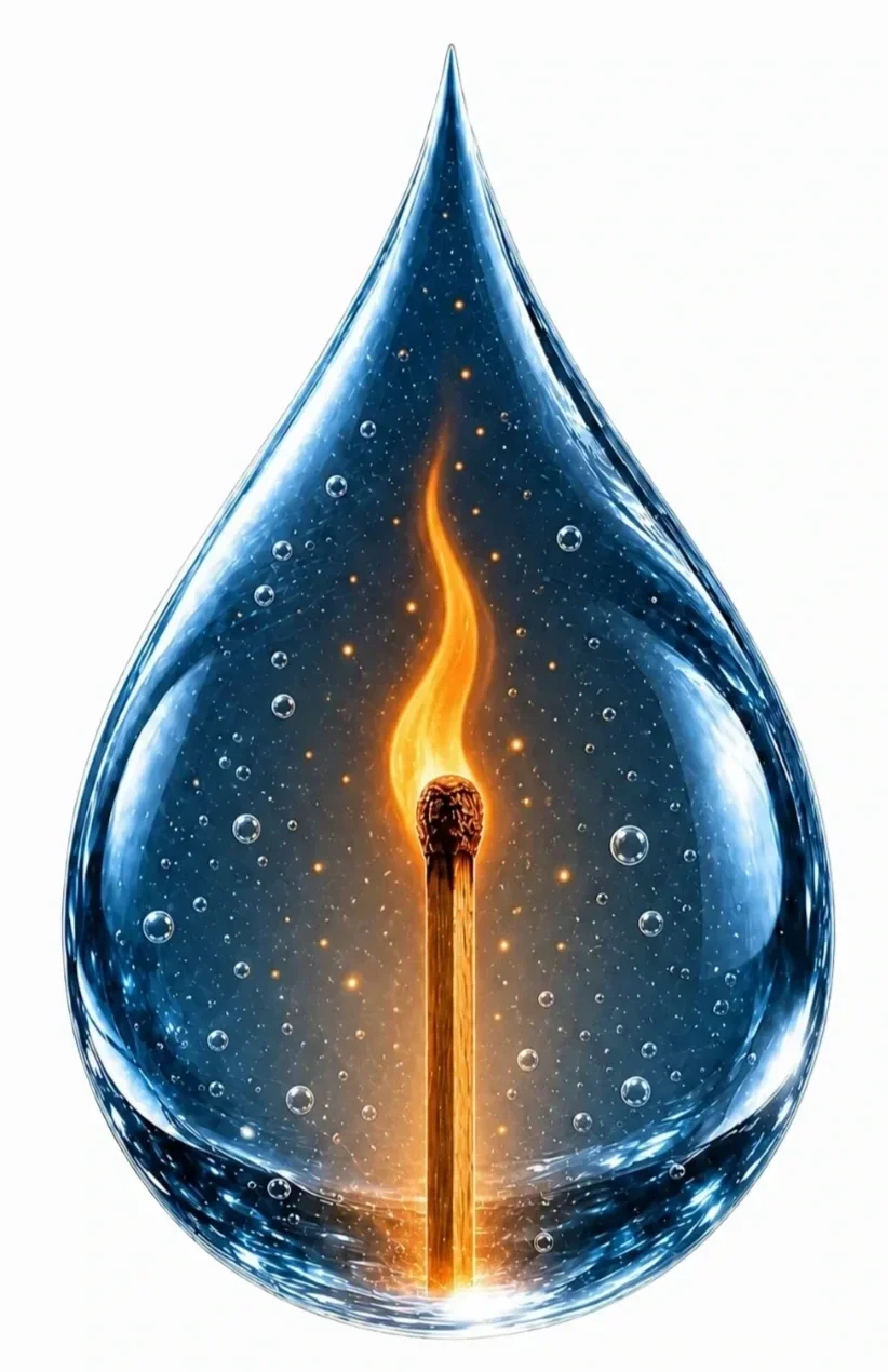 A water droplet with a lit match inside of it. The imagery from the Combustion book by C. Elliott Haverlack.