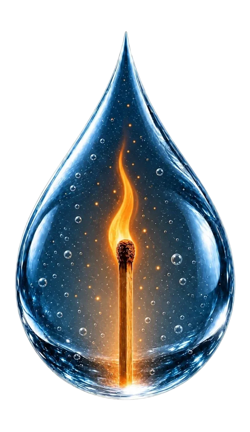 A water droplet with a lit match inside. The logo for the Combustion book by C. Elliott Haverlack.