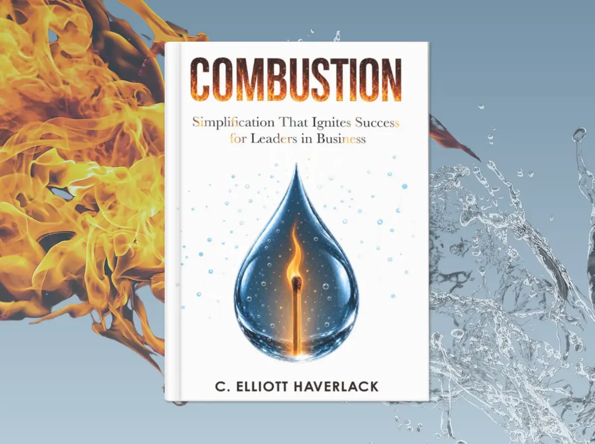 The Combustion book by C. Elliott Haverlack. Sits a top a background of flames and water converging.