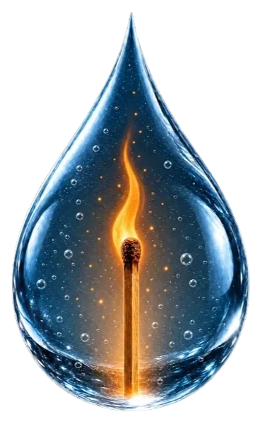 A water droplet with a lit match inside. Imagery from the cover of the Combustion book by C. Elliott Haverlack.