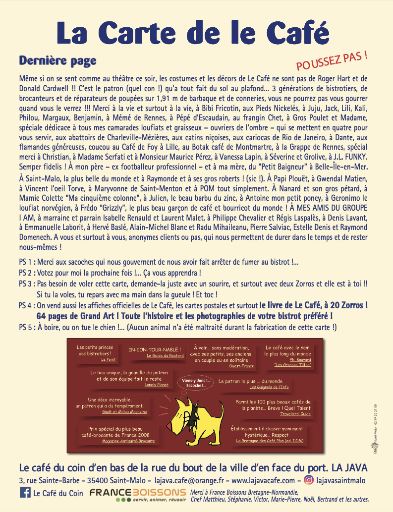 Page de couverture du menu du Café avec une illustration d'un chien jaune avec des taches noires et un verre de café.