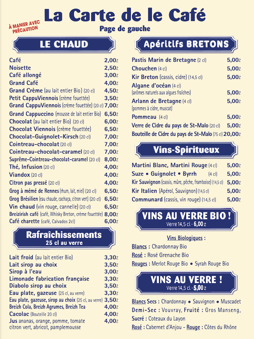 Carte de la café avec sections pour le chaud, les apéritifs bretons, vins vigoureux et vins bio, avec prix et descriptions, en français.