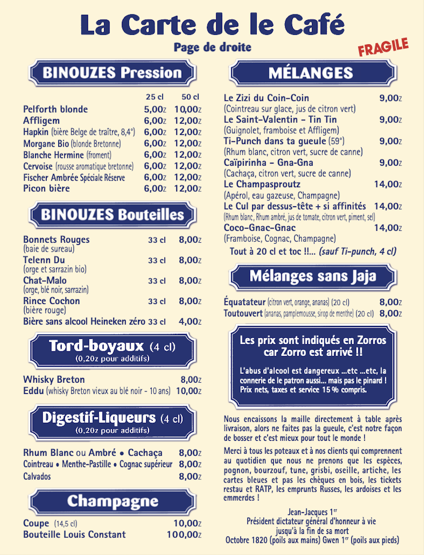 Menu de bar avec différentes catégories de boissons comme bières, vins, cocktails, sans alcool, spiritueux et champagne, avec prix en euros.