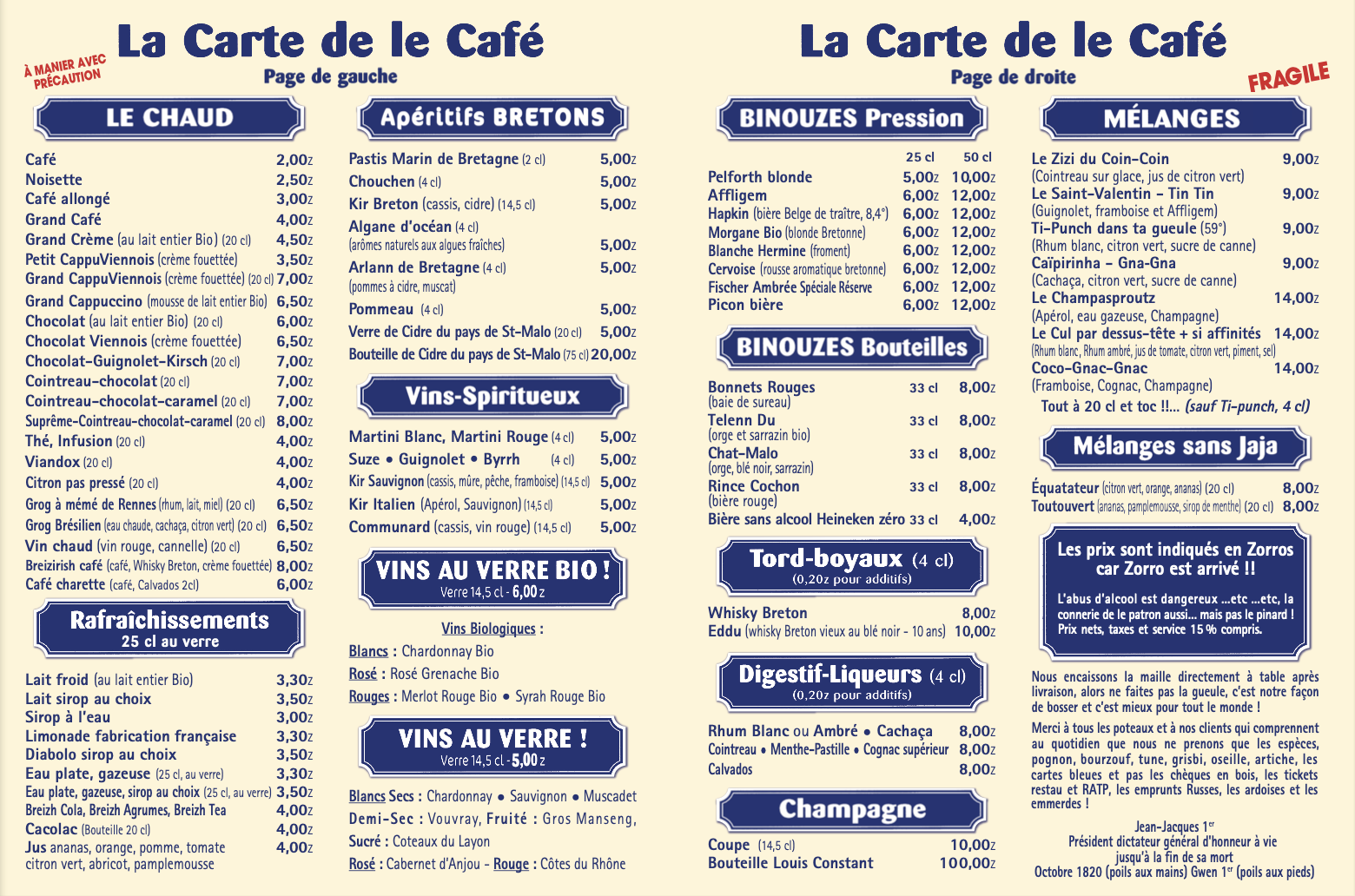 Carte de café détaillée avec sections pour le chaud, apéritifs bretons, vins, bières, champagne, binouses, mélanges, et boissons sans jaja. Inclut prix, volumes et descriptions.