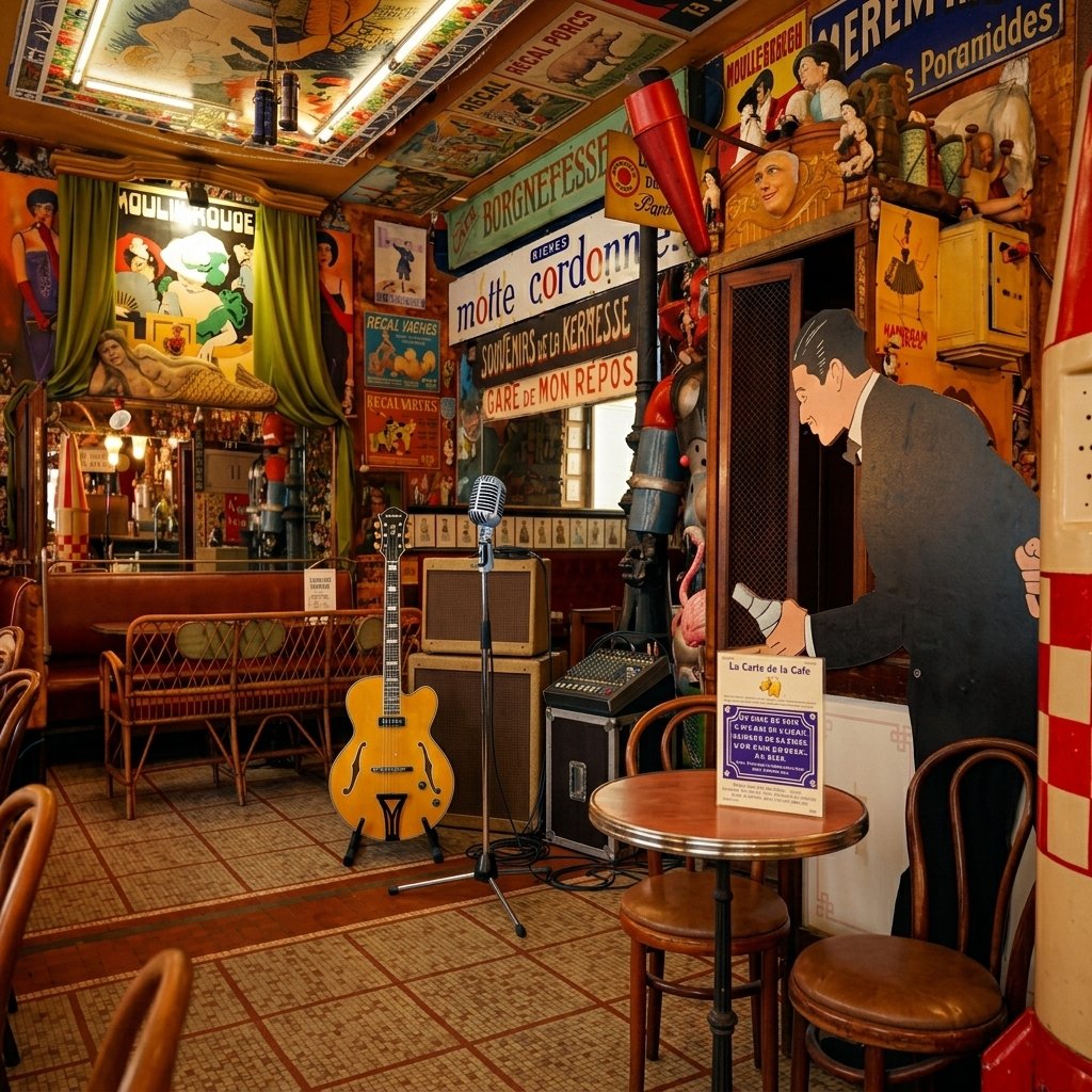 Intérieur d'un restaurant ou café décoré avec des affiches et objets vintage français, une guitare acoustique, un micro, et une illustration d'un homme en costume. Atmosphère rétro et colorée.