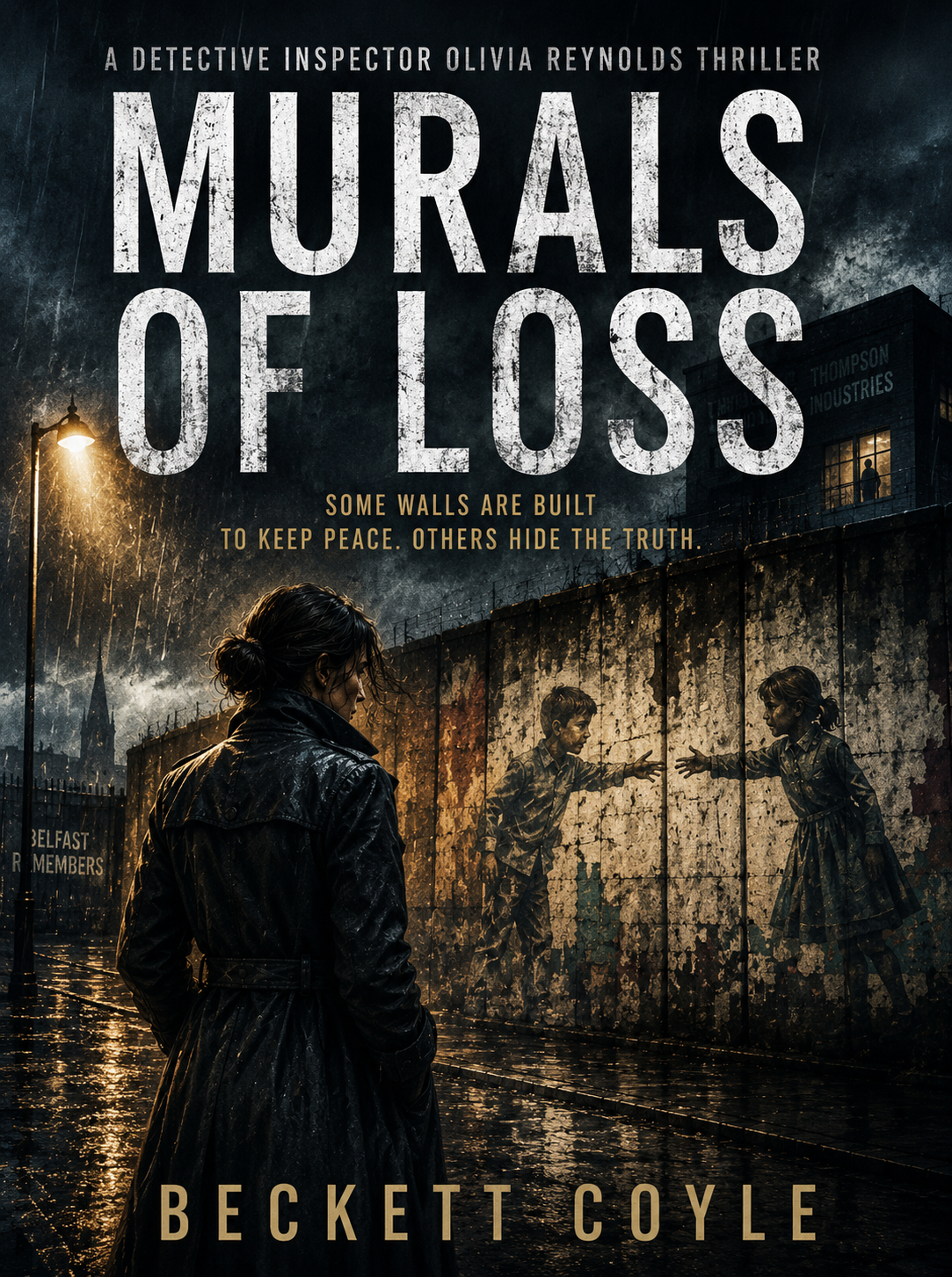 Book cover for 'Murals of Loss' by Beckett Coyle, featuring a woman in a raincoat watching a mural with children on a wall, under a dark, rainy sky.