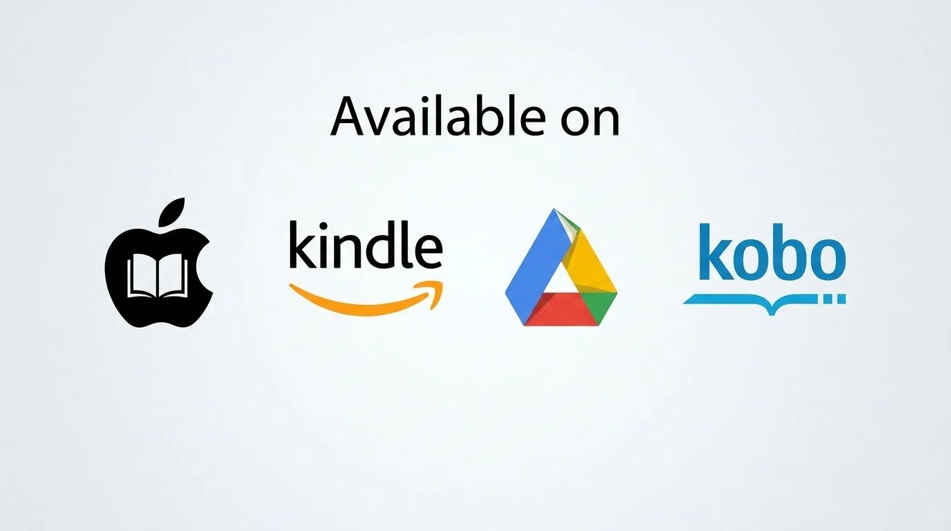 Icons of Apple Books, Kindle, Google Drive, and Kobo with the text "Available on" above.