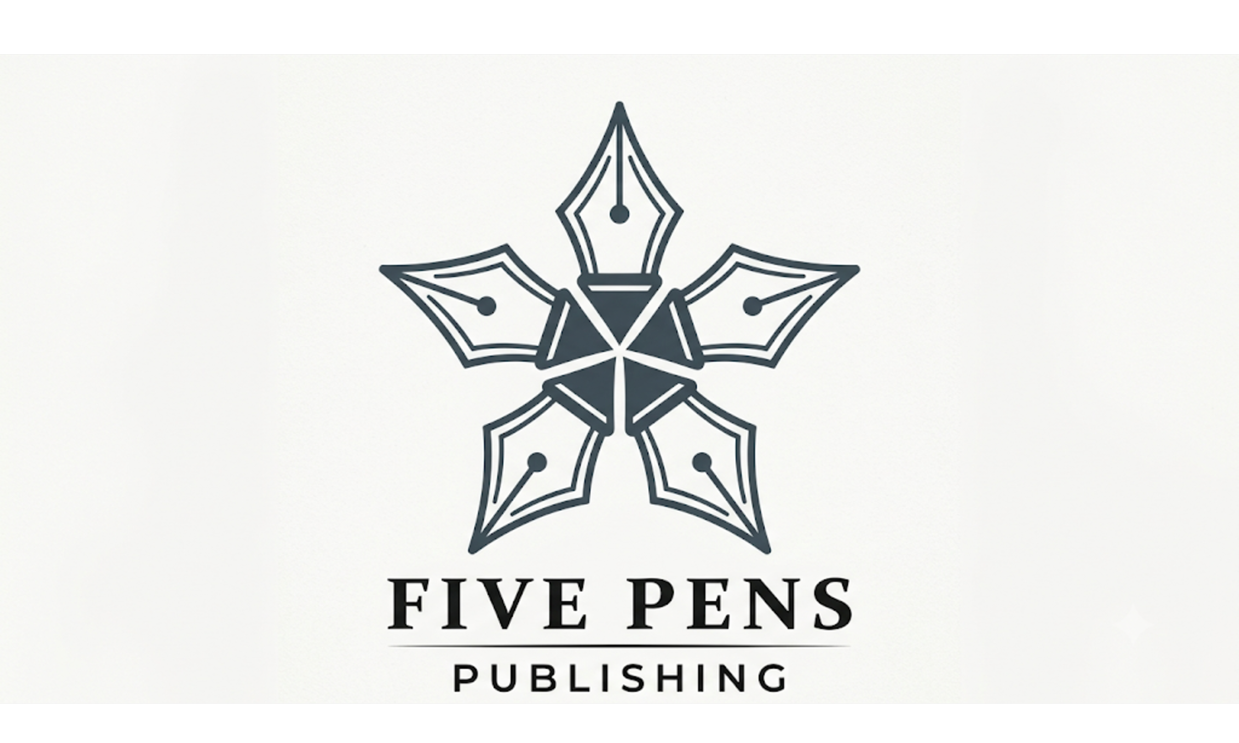 Logo of Five Pens Publishing featuring a stylized black ink pen nib with five geometric shapes extending from it and the text "FIVE PENS PUBLISHING" beneath.