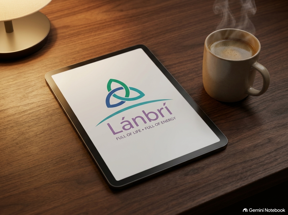 A tablet displaying the Lanbri logo with the tagline "Full of Life - Full of Energy" on a wooden desk next to a steaming coffee mug and a side lamp.