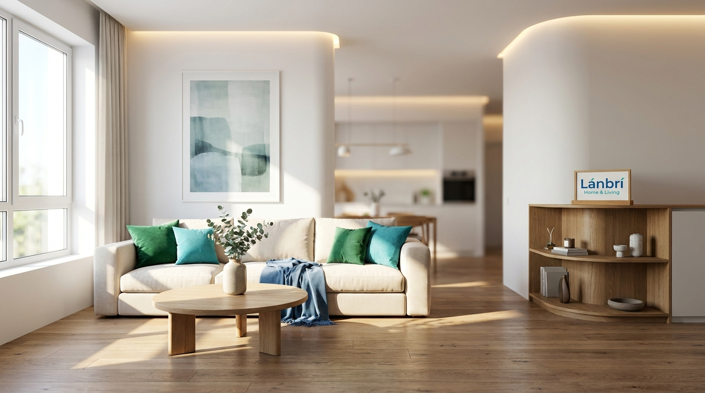 Bright, modern living room with a white sofa, green and blue pillows, a round wooden coffee table, and a wooden bookshelf. Large window with beige curtains, wooden floors, and minimalist decor.