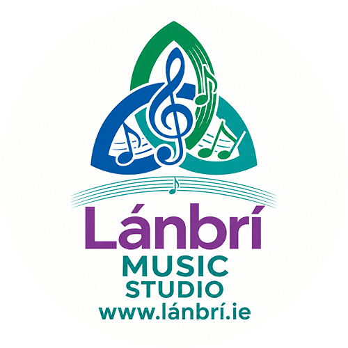 Logo for Lánbrí Music Studio featuring a colorful treble clef and musical notes with the studio name and website