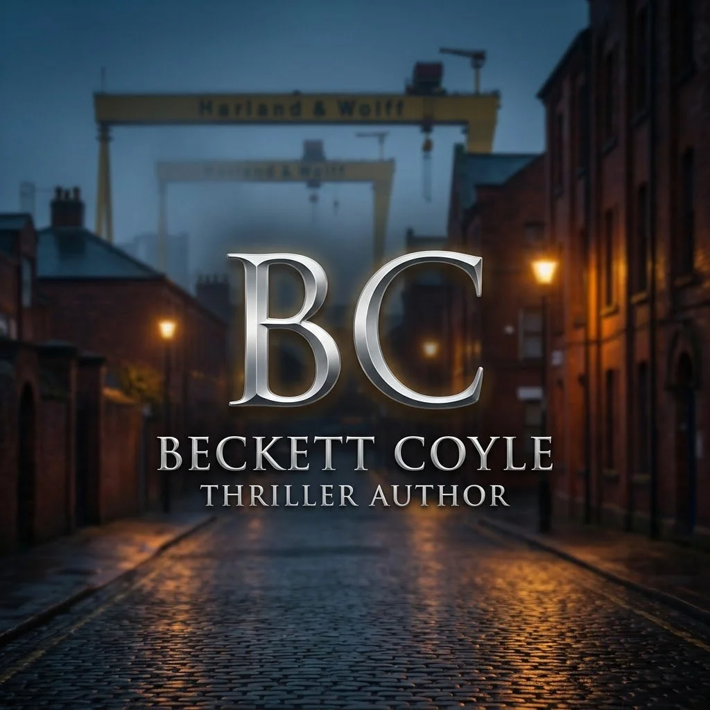 A dimly lit, rainy street scene at dusk with old brick buildings on either side, and a large, industrial crane in the background. Overlaid text reads 'BC BECKETT COYLE THRILLER AUTHOR'.