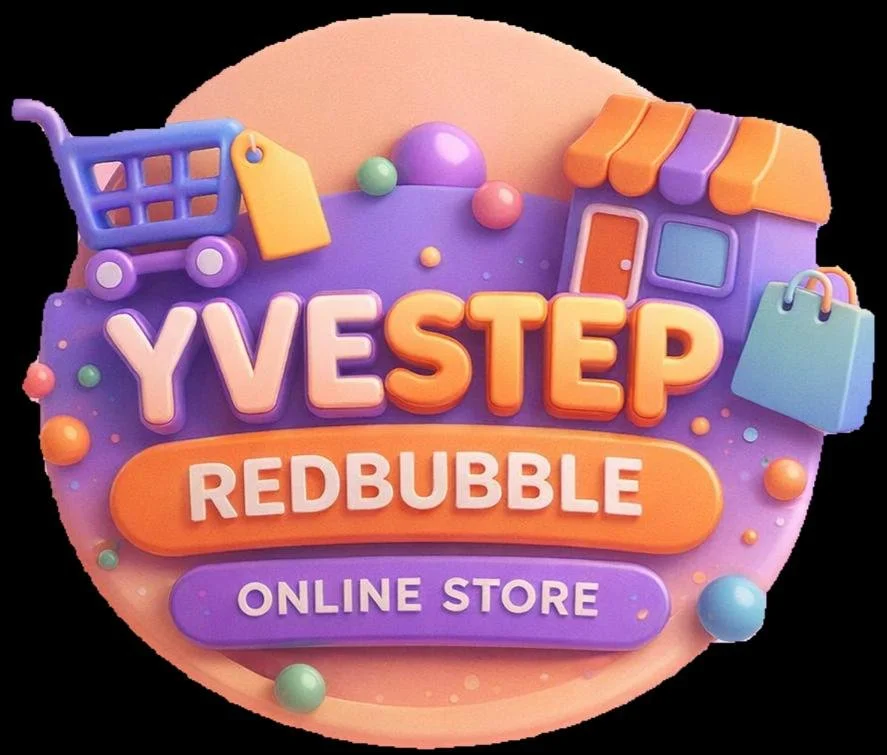 Colorful 3D logo for YVESTEP REDBUBBLE ONLINE STORE with shopping cart, storefront, and shopping bag icons