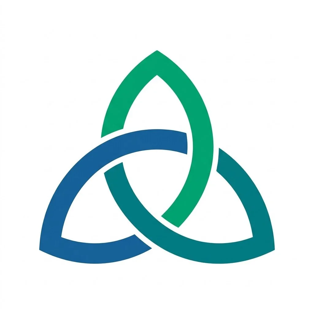 A stylized logo featuring three interlocked, curved lines forming a triangular shape, with blue and green colors.