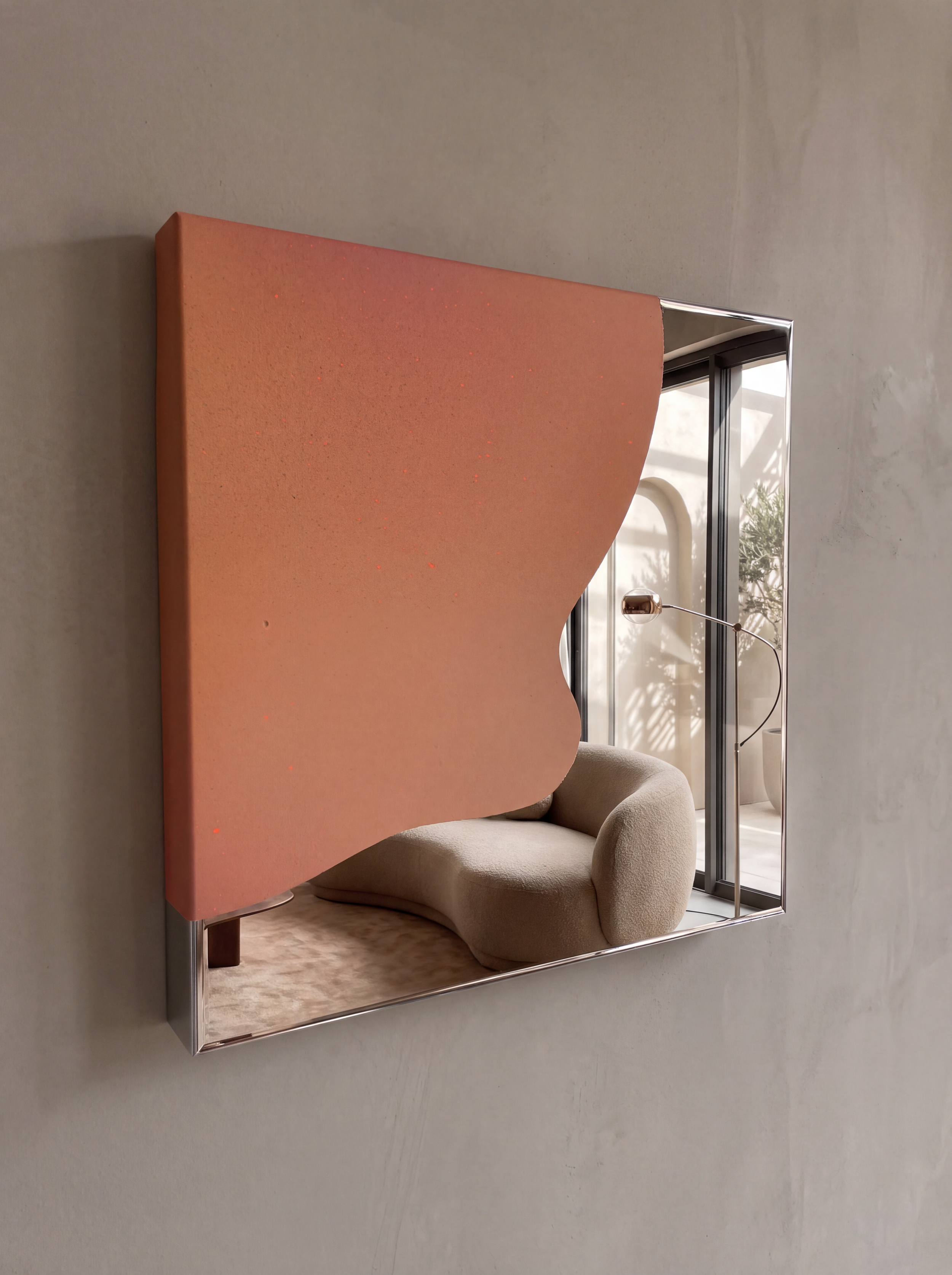 Ein modernes Artwork auf spiegelpoliertem Edelstahl, mit leuchtenden Pastellfarben, zeigt einen Loft-Raum mit beigem Sofa mit Kissen, einem Stehlampe, großen Fenstern mit Vorhängen und Blick nach draußen auf Pflanzen und Himmel.