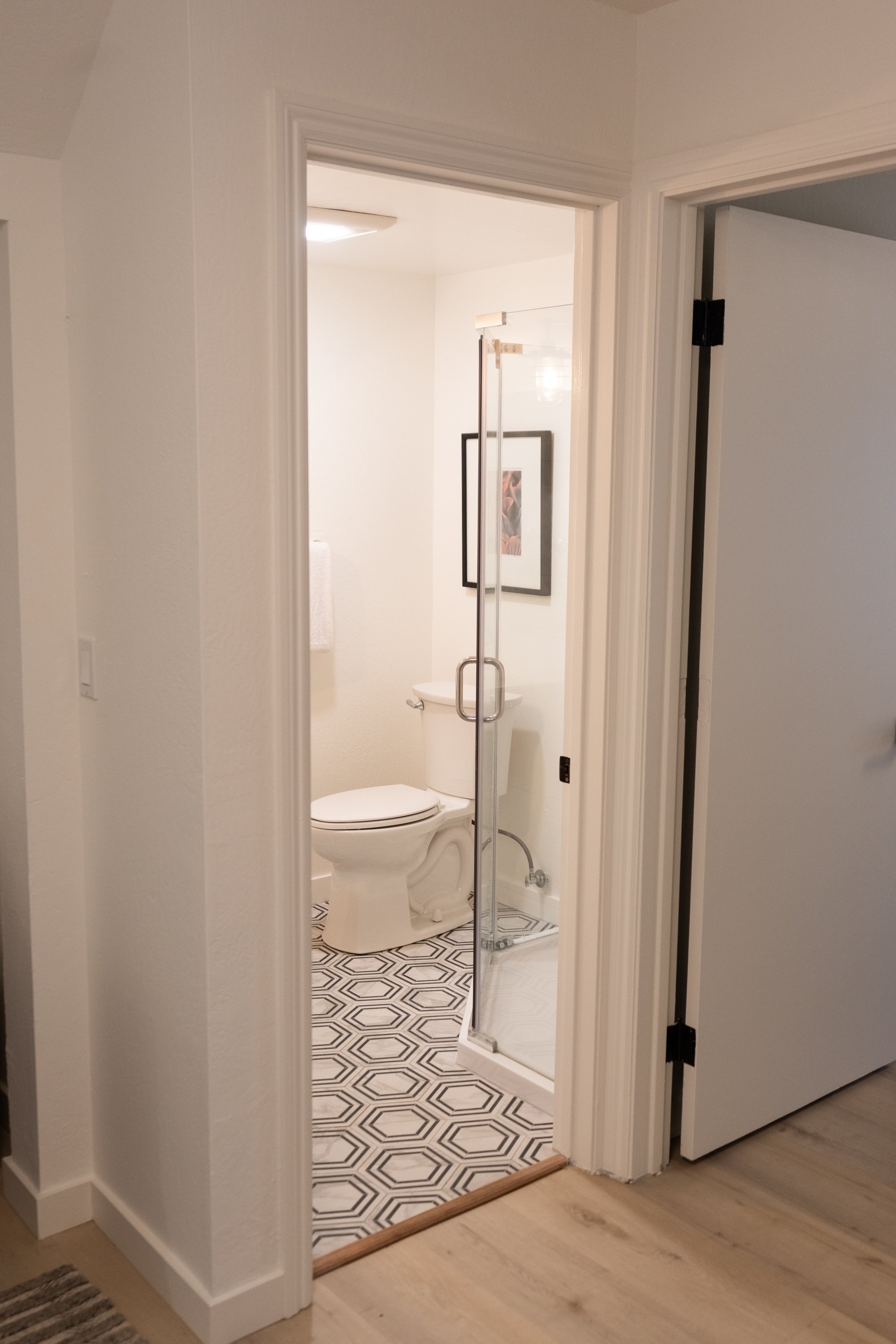 A small bathroom with black and white hexagonal patterned floor tiles, a white toilet, a framed artwork on the wall, and a glass shower enclosure.