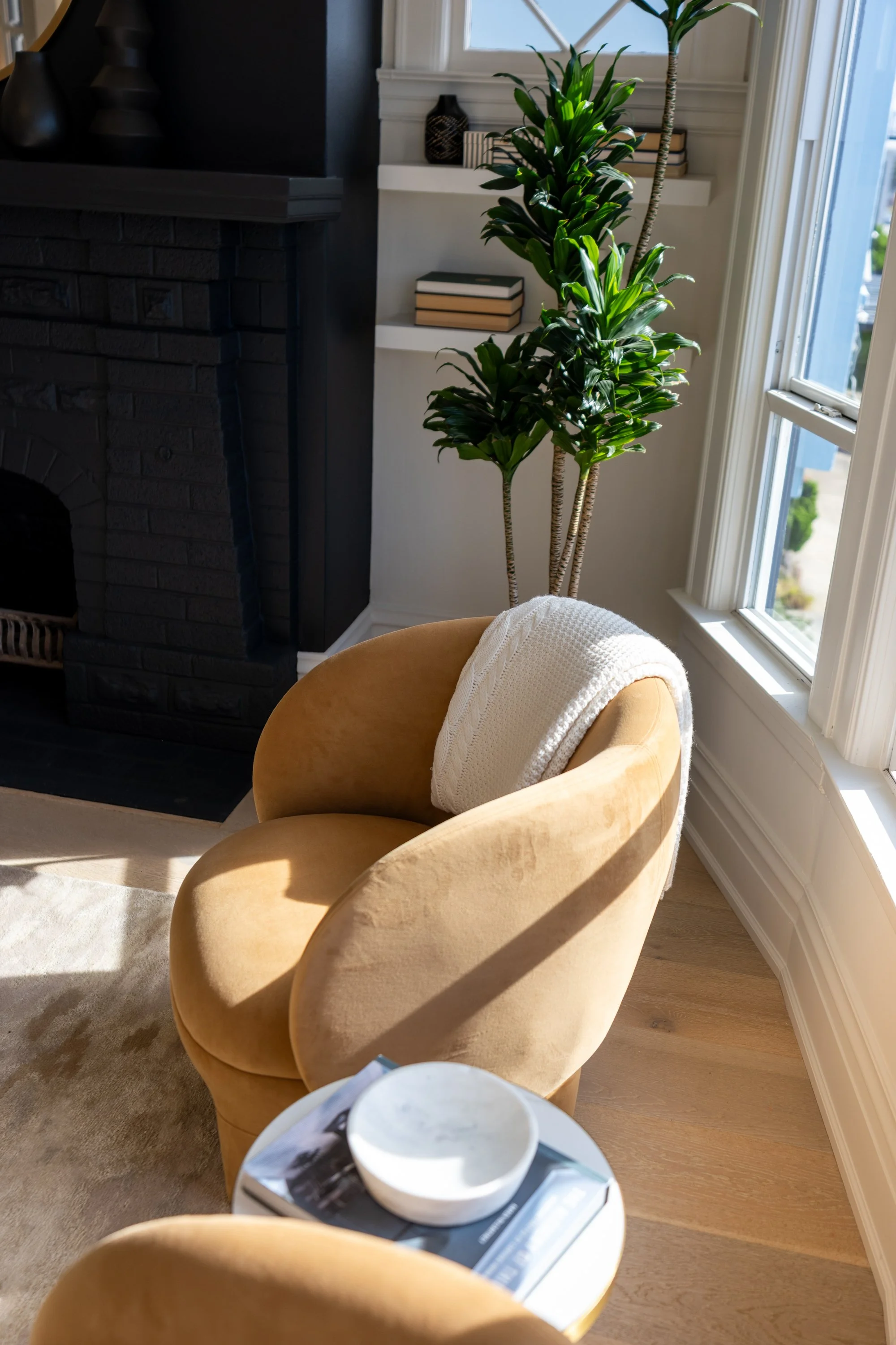 A cozy living room with two yellow velvet armchairs, a small side table with a coffee mug, a fireplace, a white shelf with books, a green potted plant near a window, and sunlight streaming in.