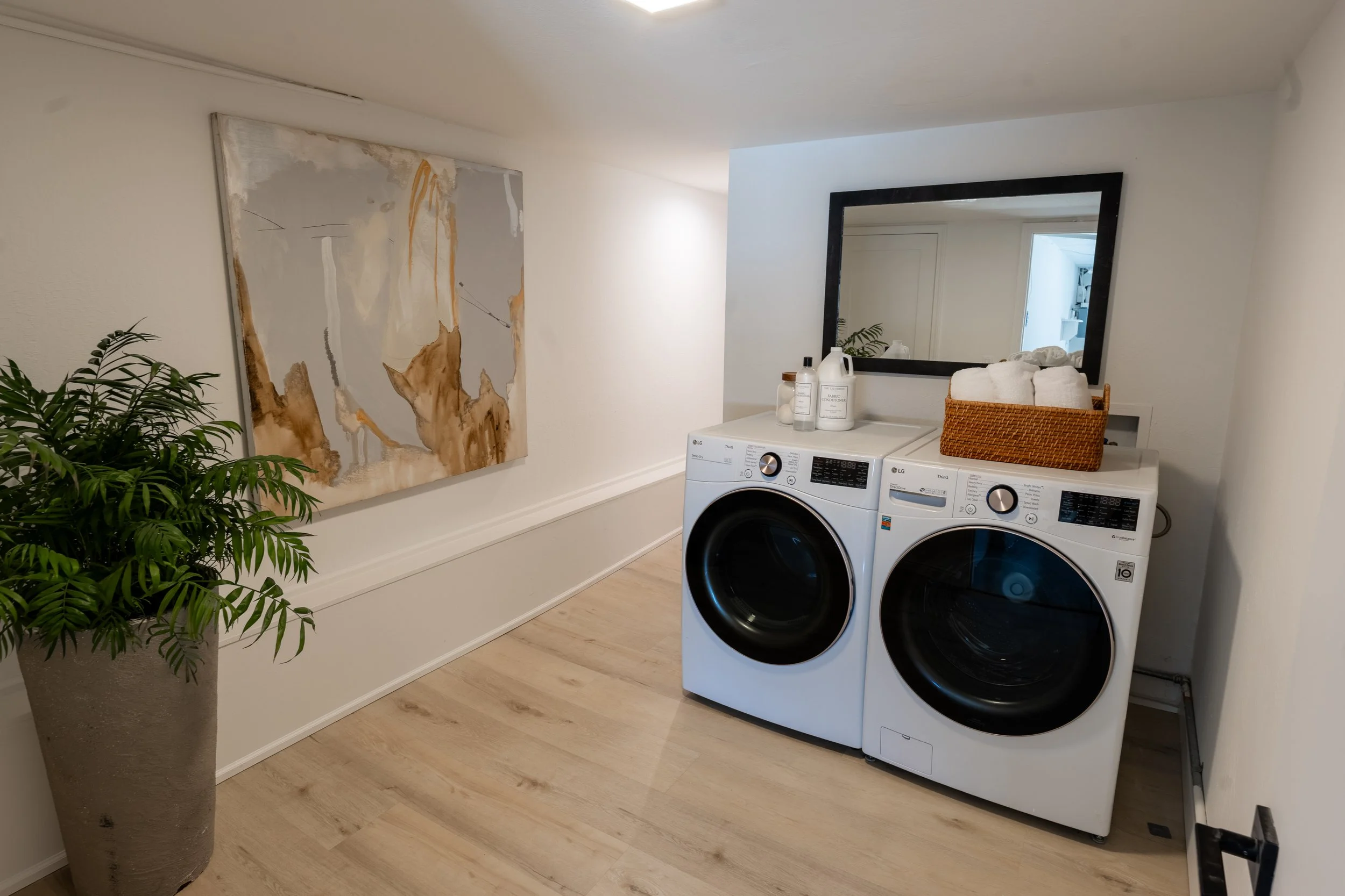 Laundry room with a large potted plant on the left, a piece of abstract art on the wall, a mirror above a white countertop with laundry detergents and towels, and two front-loading washing machines on the right.