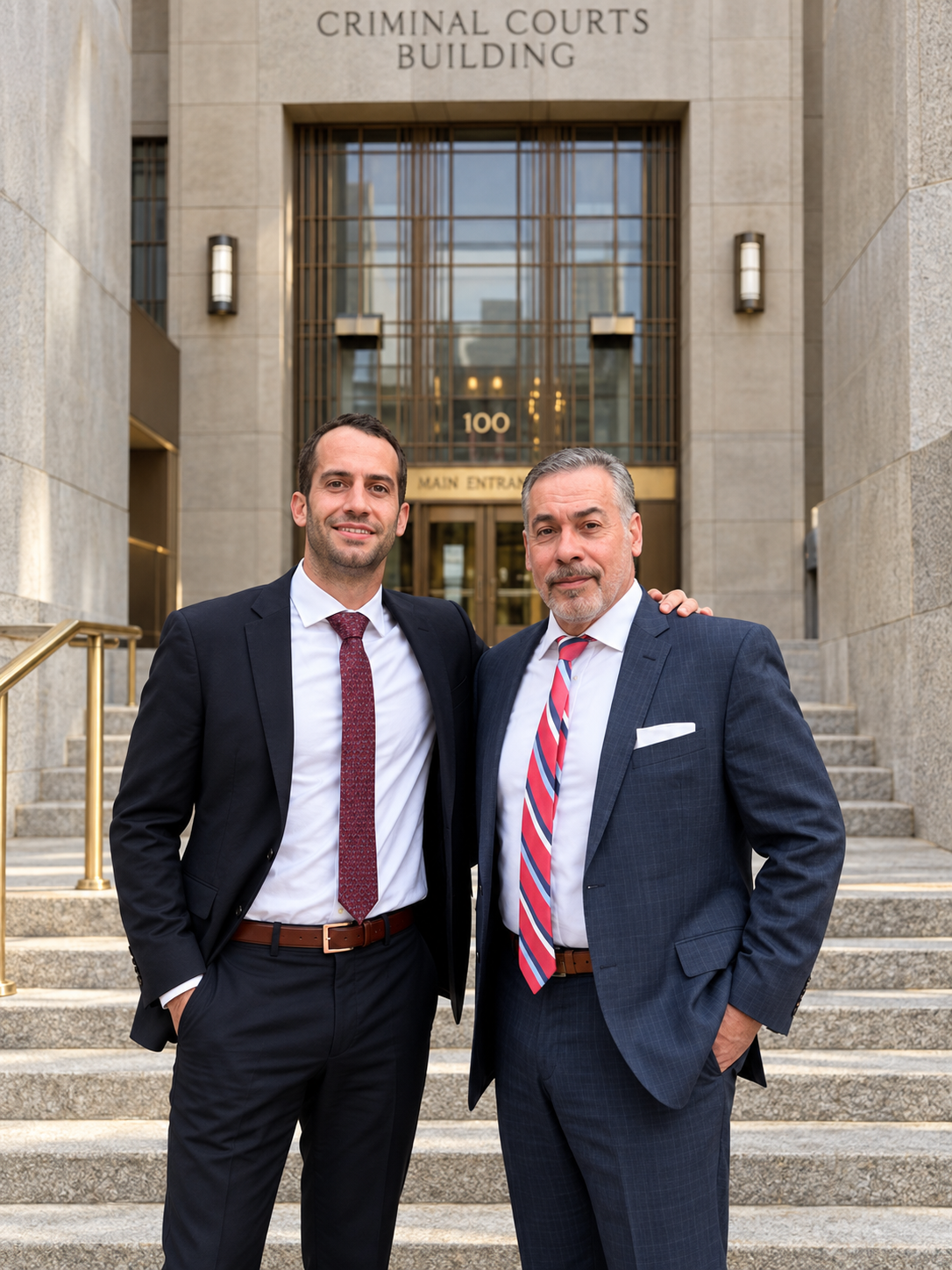 Two men in suits standing on steps in front of a courthouse building, smiling. One has his arm around the other's shoulder.