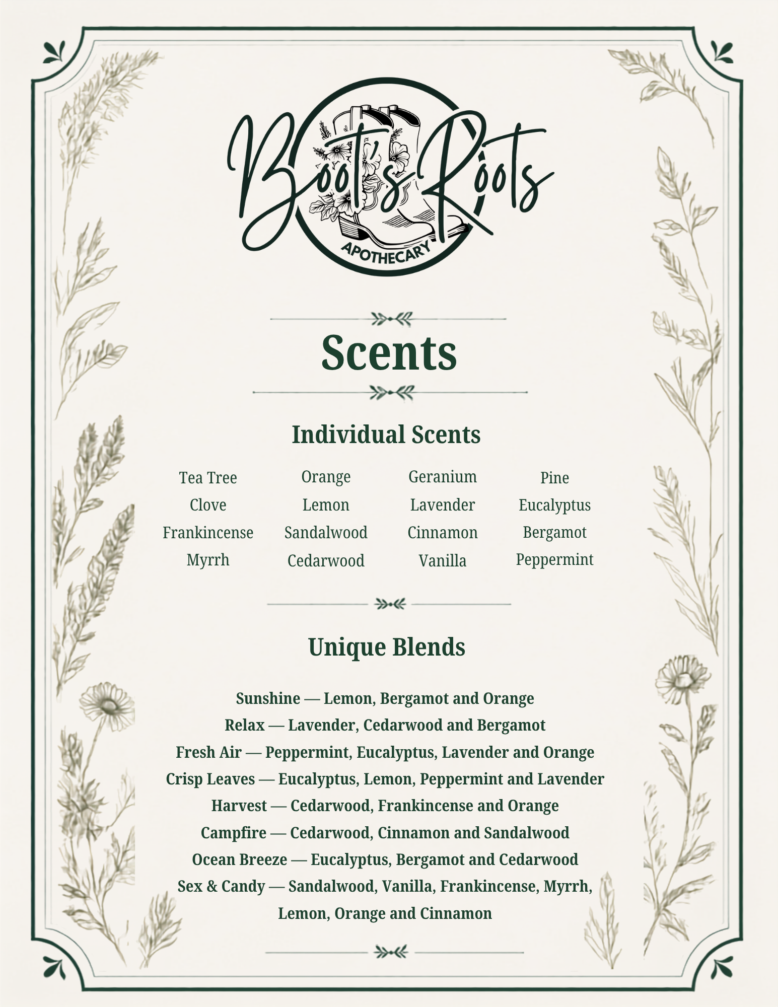 A list of scents available at Boo's Roots Apothecary, including individual and unique blends with descriptions of each fragrance, such as sunshine, relax, fresh air, crisp leaves, harvest, campfire, ocean breeze, sex & candy, and lemon, orange, cinnamon, and sandalwood.