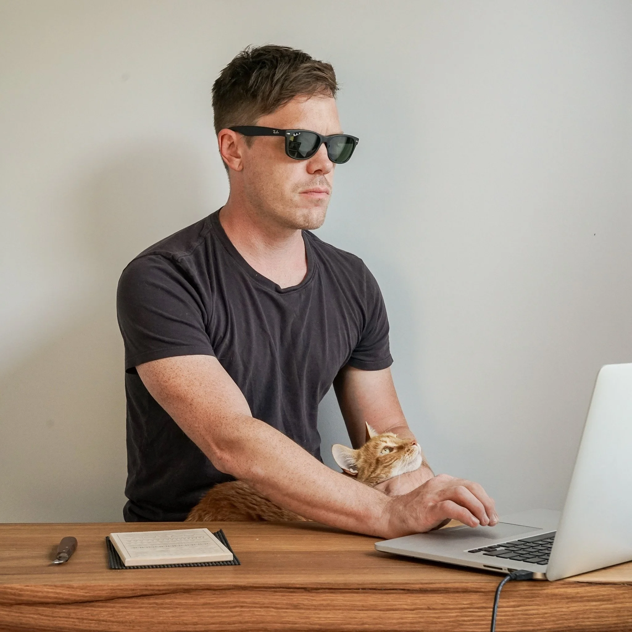 A man wearing sunglasses and a black shirt sitting at a wooden desk with a ginger cat on his lap, facing a laptop and looking at the screen, with a notepad and pen on the desk.