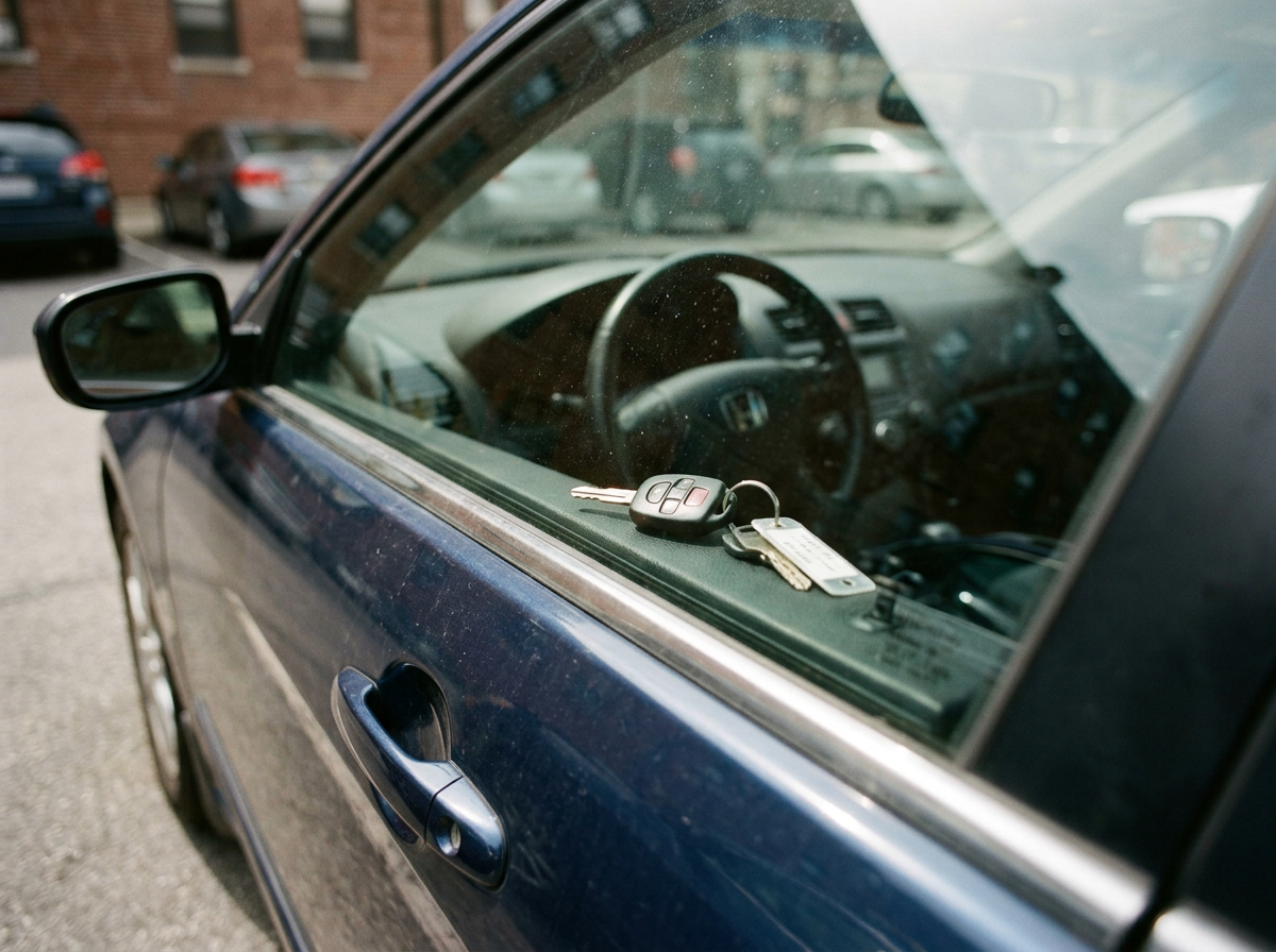 A close-up view of a car parked in a parking lot, showing the car's steering wheel inside and a set of car keys with a remote on the dashboard.