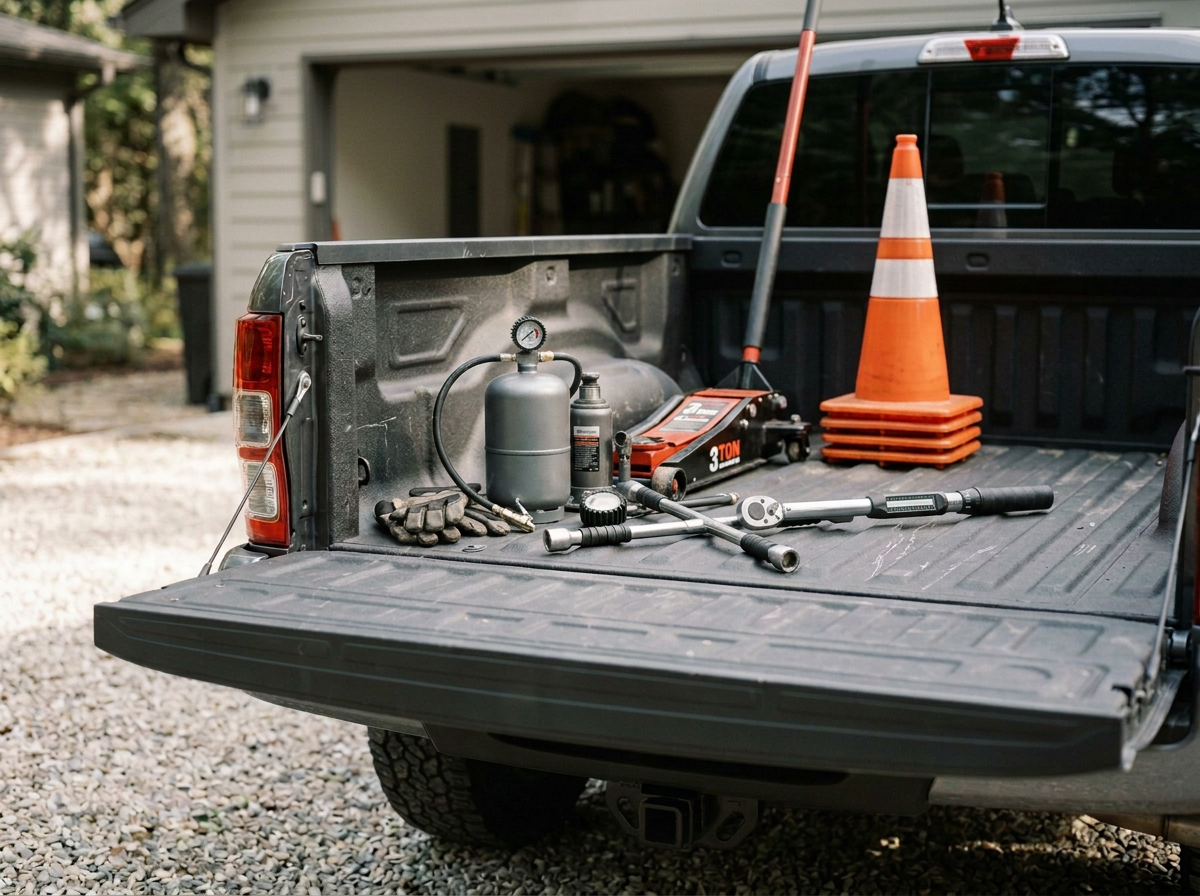 Tools and equipment for roadside work in the truck bed, including a traffic cone, jack, air compressor, gloves, and a crowbar.