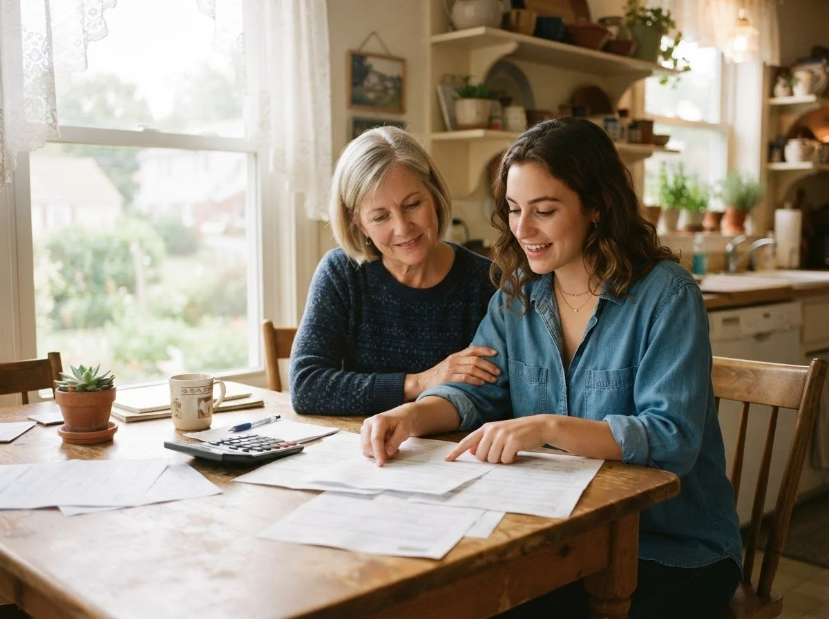 A young woman and an older woman sitting at a wooden table in a cozy kitchen, smiling while looking at papers together.