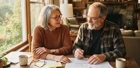 An elderly woman and man sitting at a table, engaged in a conversation with papers and coffee cups in front of them, near a window with a view of trees outside.