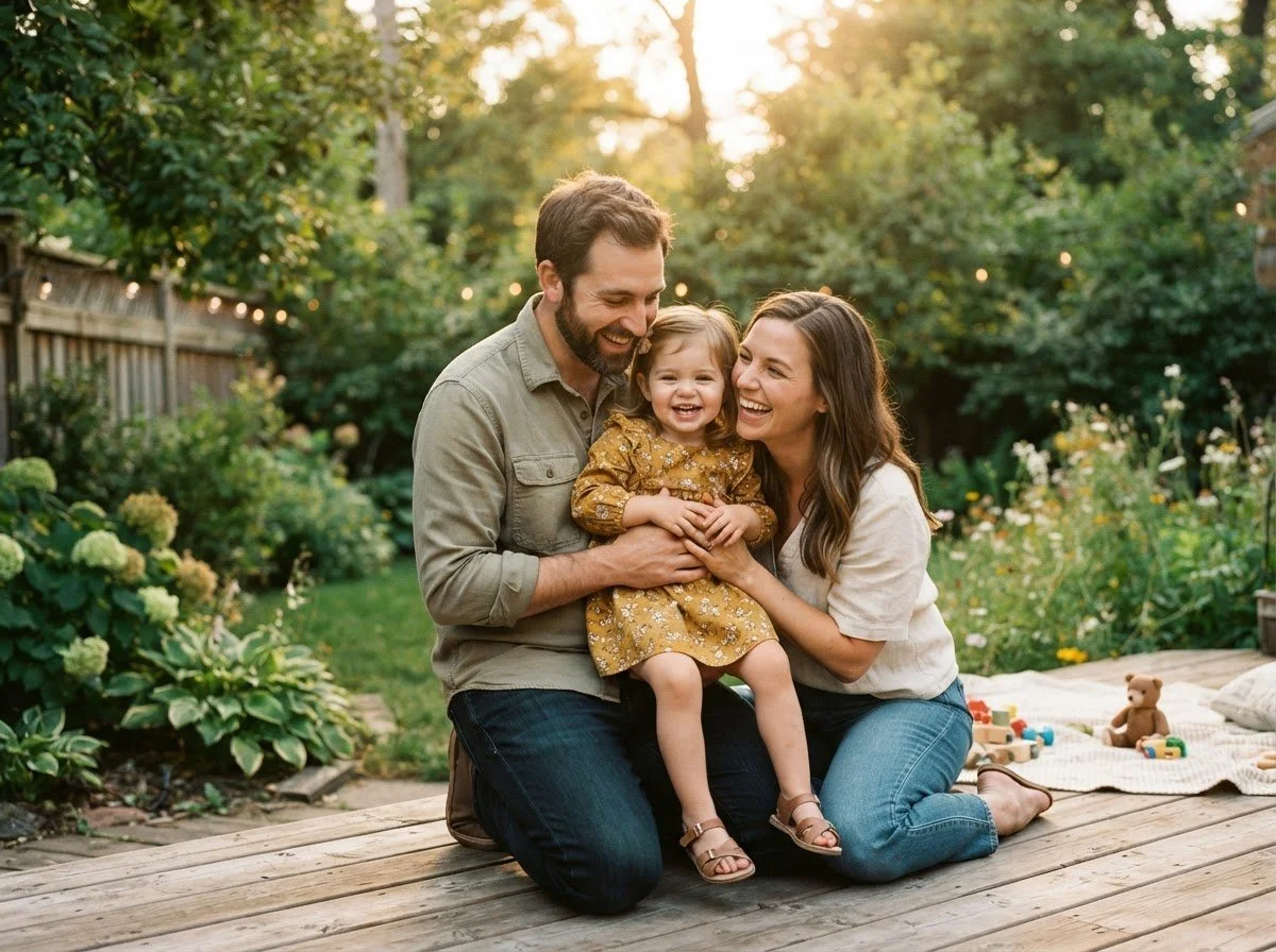 A family of three with a father, mother, and a young girl smiling and playing in a garden during sunset. They are sitting on a wooden deck surrounded by green plants, with toys and a teddy bear on a blanket nearby.