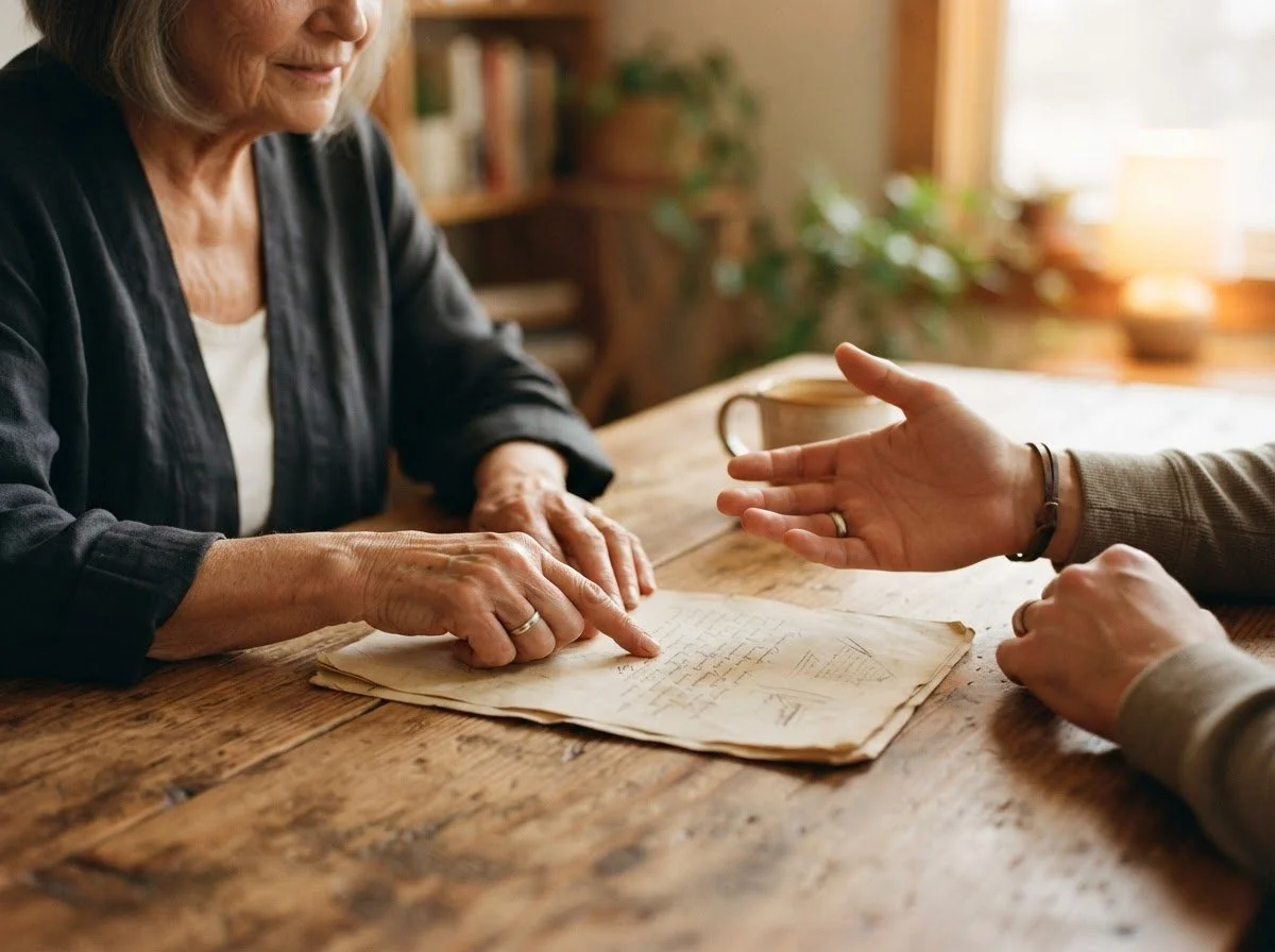 An elderly woman and a person with a bracelet are sitting at a wooden table, looking at old papers with handwritten notes, in a cozy room with sunlight and plants.