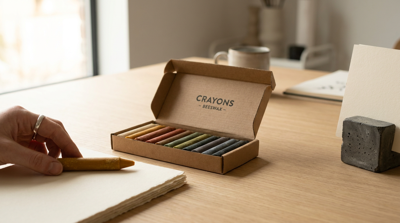 Open box of assorted colored crayons on a wooden table with a hand holding a yellow crayon, a concrete paperweight, a white card, and a cup in a cozy, well-lit room.