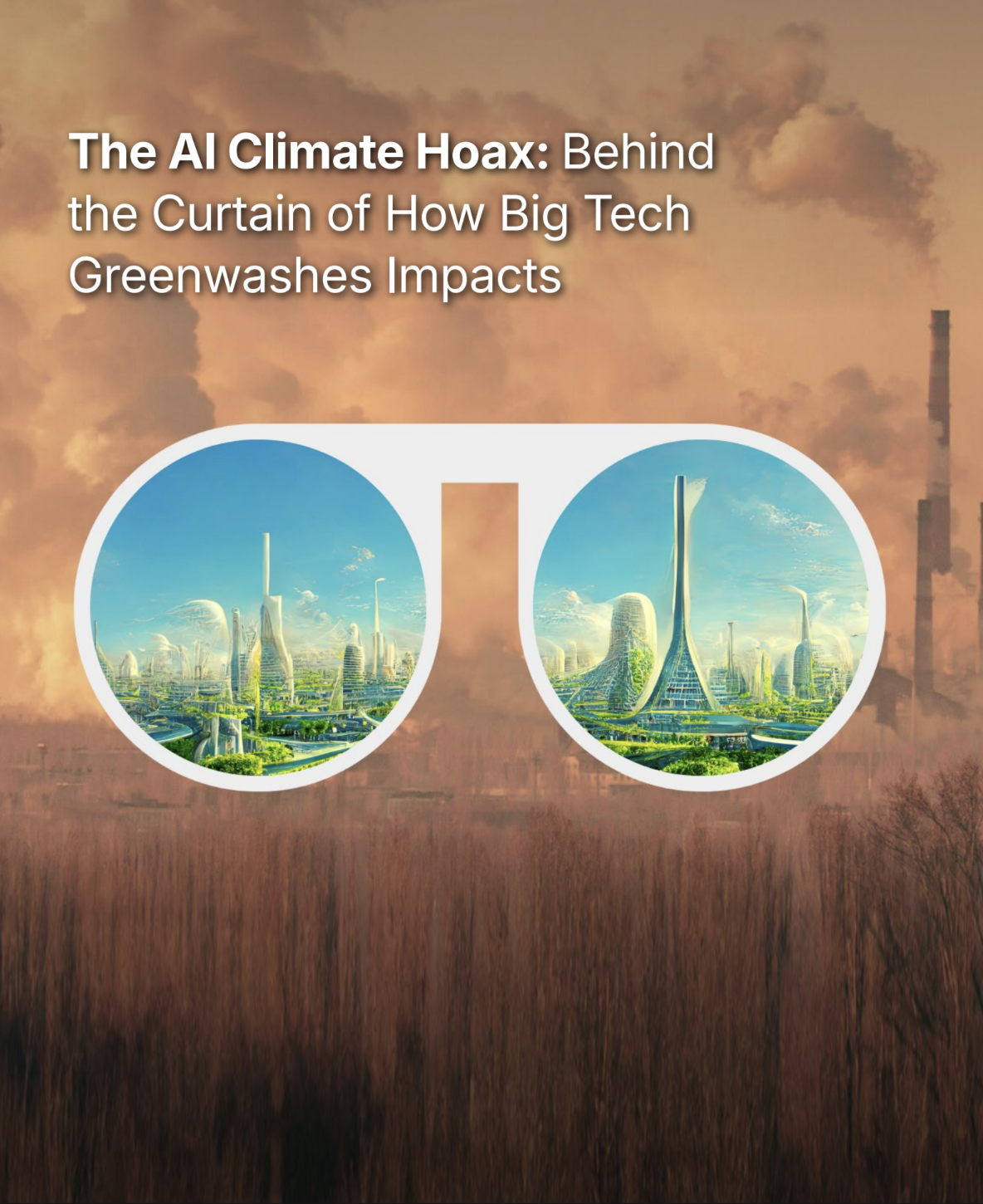 An illustration with a background of a city with futuristic skyscrapers, against a sky with clouds and smoke. Text overlay reads: "The AI Climate Hoax: Behind the Curtain of How Big Tech Greenwashes Impacts." Two circular insets show a cityscape with modern buildings and greenery.