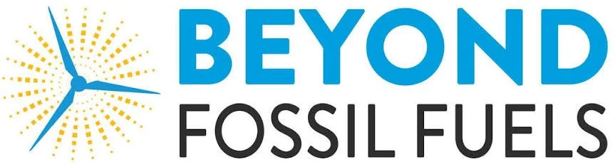 Logo with a clock and the text 'BEYOND FOSSIL FUELS' in blue and black.