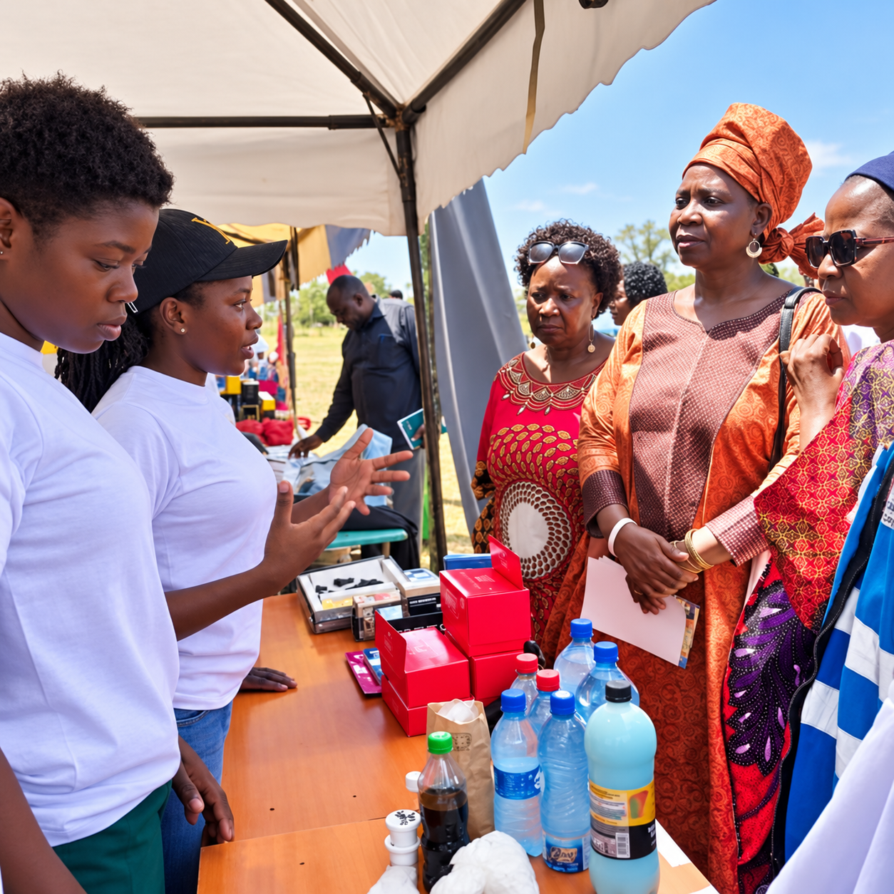 Women and young women engaging at an outdoor market stall with various bottles and boxes on the table.
