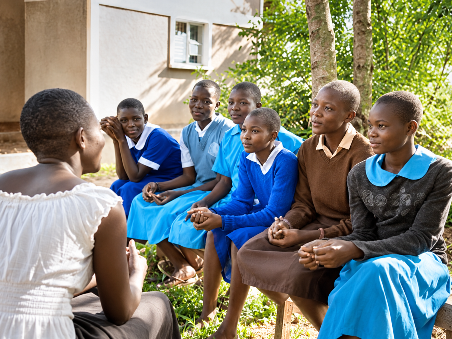 A woman is leading a discussion outdoors with seven young girls seated on a bench, dressed in blue and brown school uniforms, beside trees and a building.