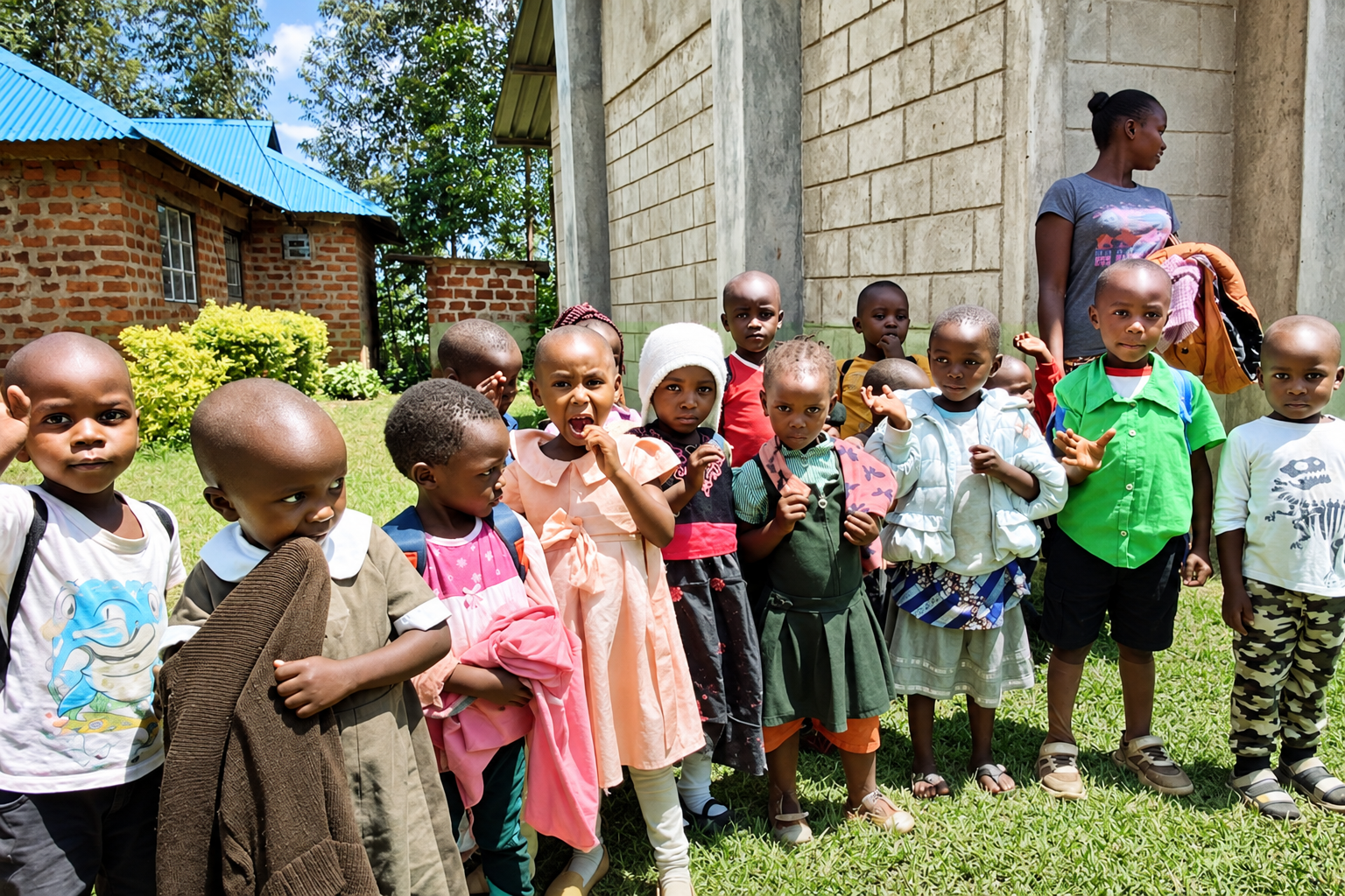 Group of young children standing outdoors on a grass lawn, some with backpacks and jackets, with a woman in the background near a building with brick and concrete walls.