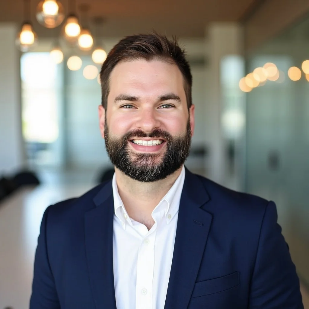 A smiling man with a beard in a business suit with a white shirt, standing in a modern office with blurred background lighting.