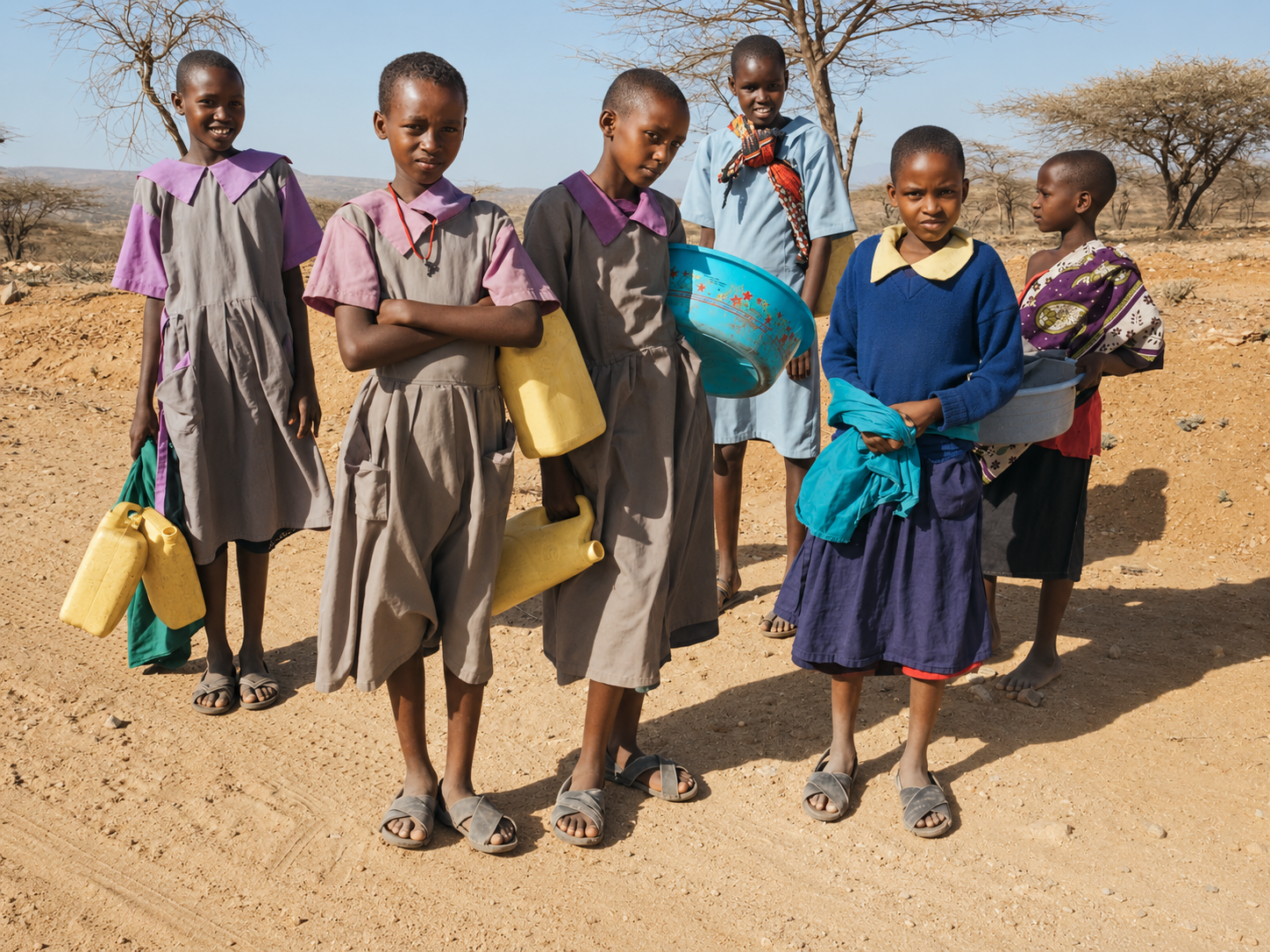 Group of seven children, mostly girls, standing outdoors in a dry landscape, holding yellow and blue watering cans and a plastic basin, some wearing school uniforms and sandals, with trees and a clear sky in the background.