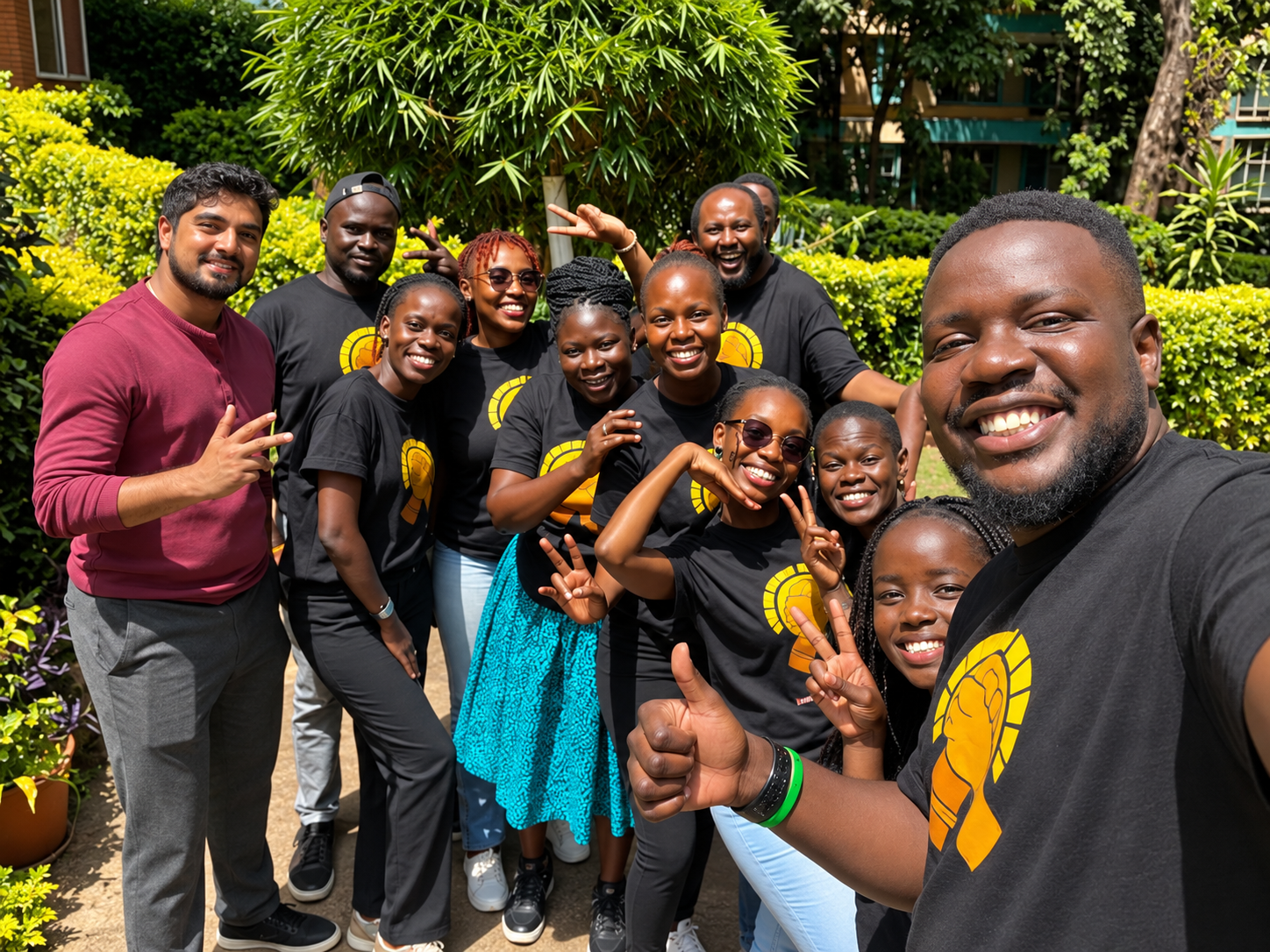 Group of diverse young adults smiling and making peace signs in a sunny outdoor setting with greenery, some wearing matching black t-shirts with a yellow logo.