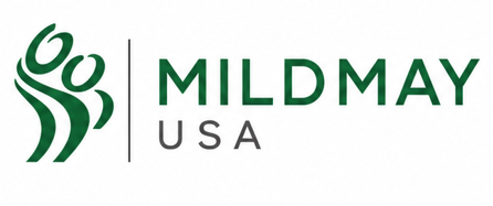 Logo for MILD MAY USA with green abstract plant design on the left and green text on the right.