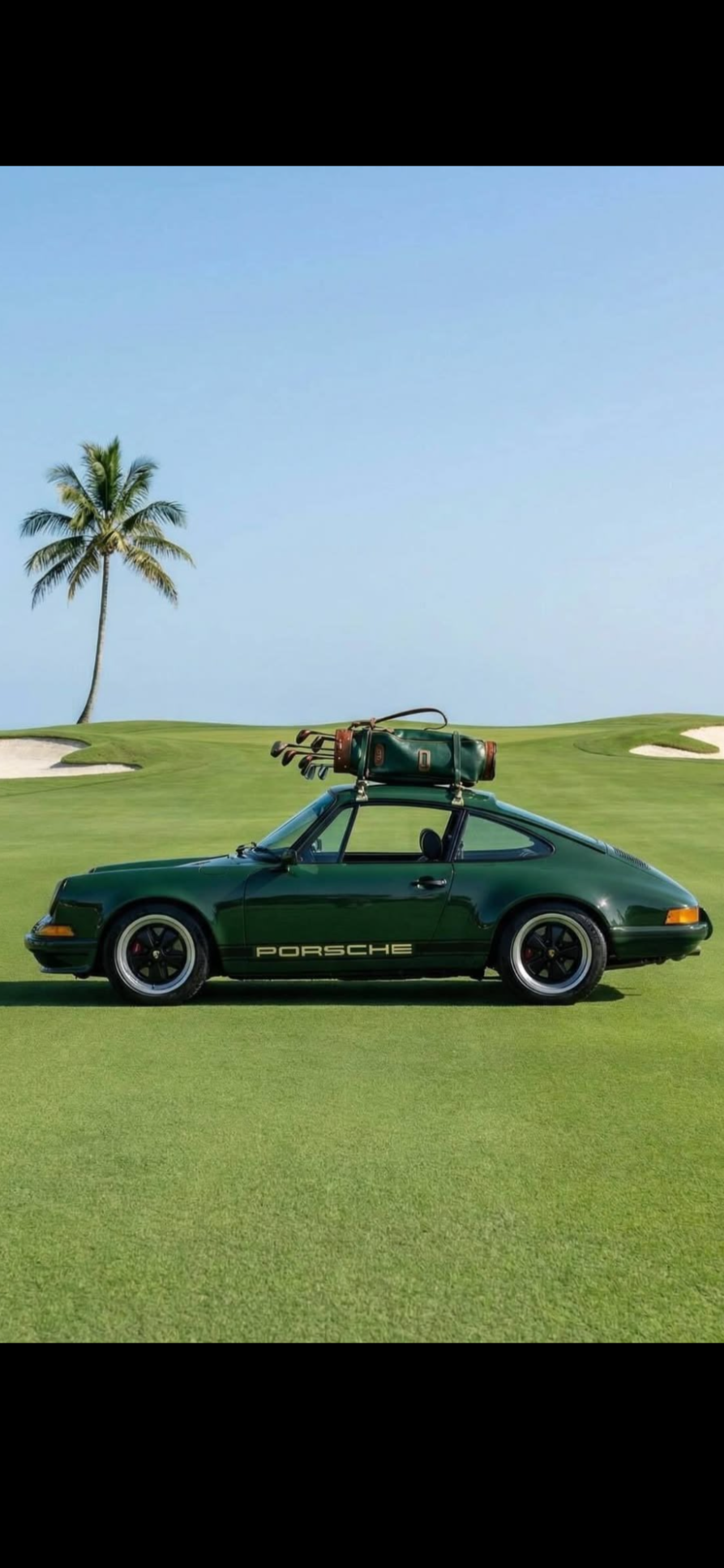A green Porsche sports car with a golf bag on the roof, parked on a golf course with green grass, a palm tree, and sand bunkers, under a clear blue sky.