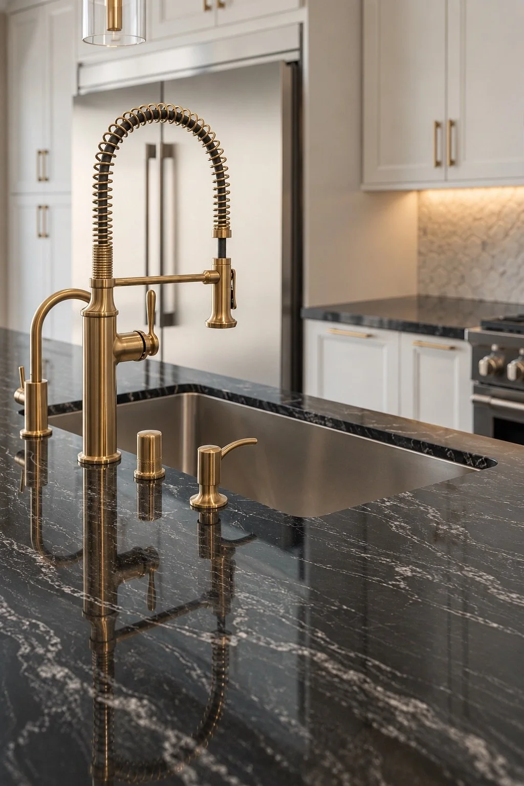 Close-up of a modern kitchen sink with a gold faucet and fixtures on a black marble countertop.