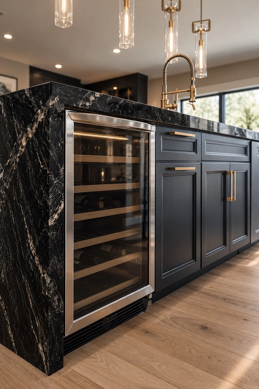 A modern kitchen island with black marble countertop and dark blue cabinets with gold handles. There is a built-in wine cooler with a glass door, and a gold kitchen faucet above the sink. Pendant and recessed lighting overhead, with a window in the background showing outdoor trees.